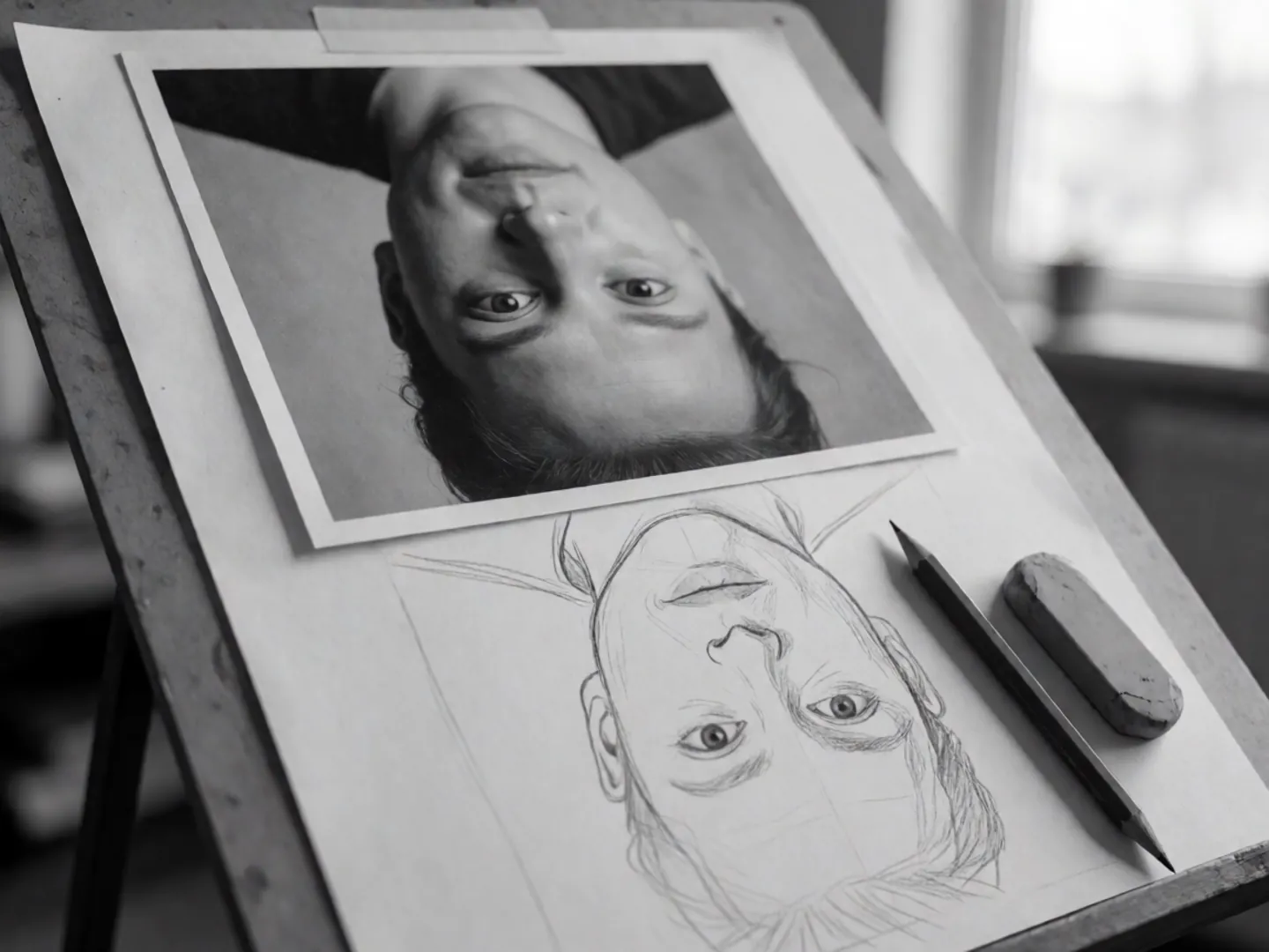 A black and white photograph of a face turned upside down and taped to a drawing board beside a pencil copy in progress
